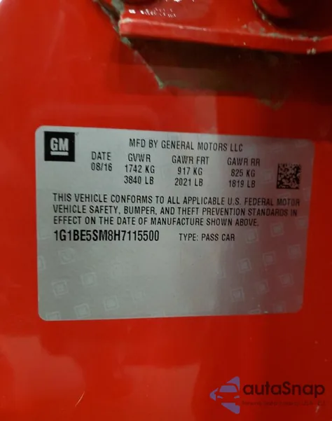 2017 Chevrolet Cruze Lt z USA, uszkodzony, nr VIN 1G1BE5SM8H7115500